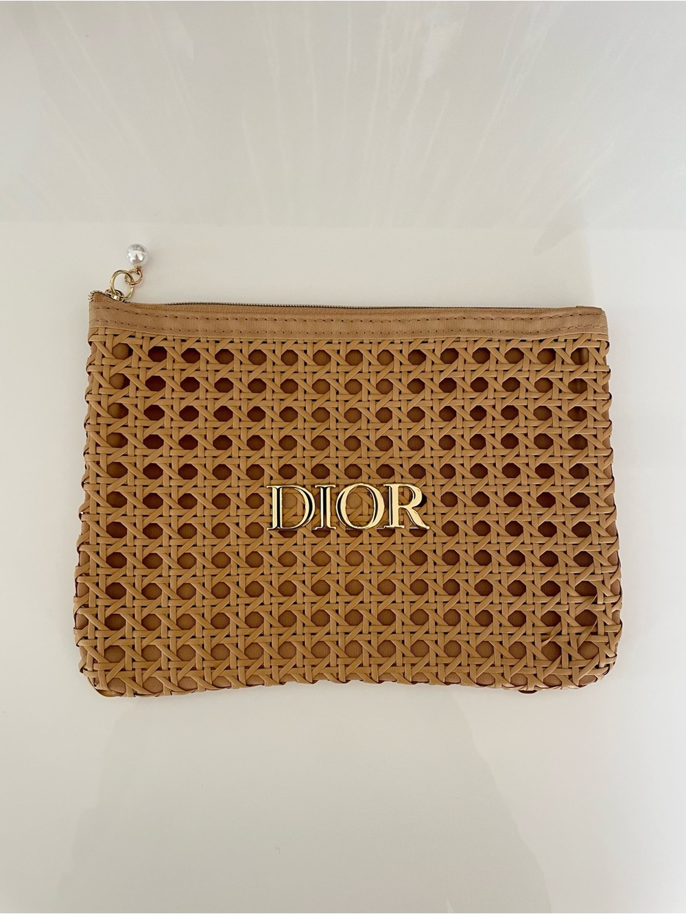 DIOR Tan Woven Clutch Gold Dior Monogram LOGO bag purse cosmetics